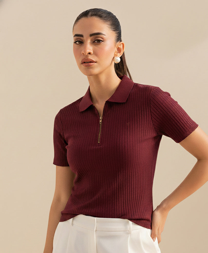Maroon Fine Drop Needle Zip POLO (Women)