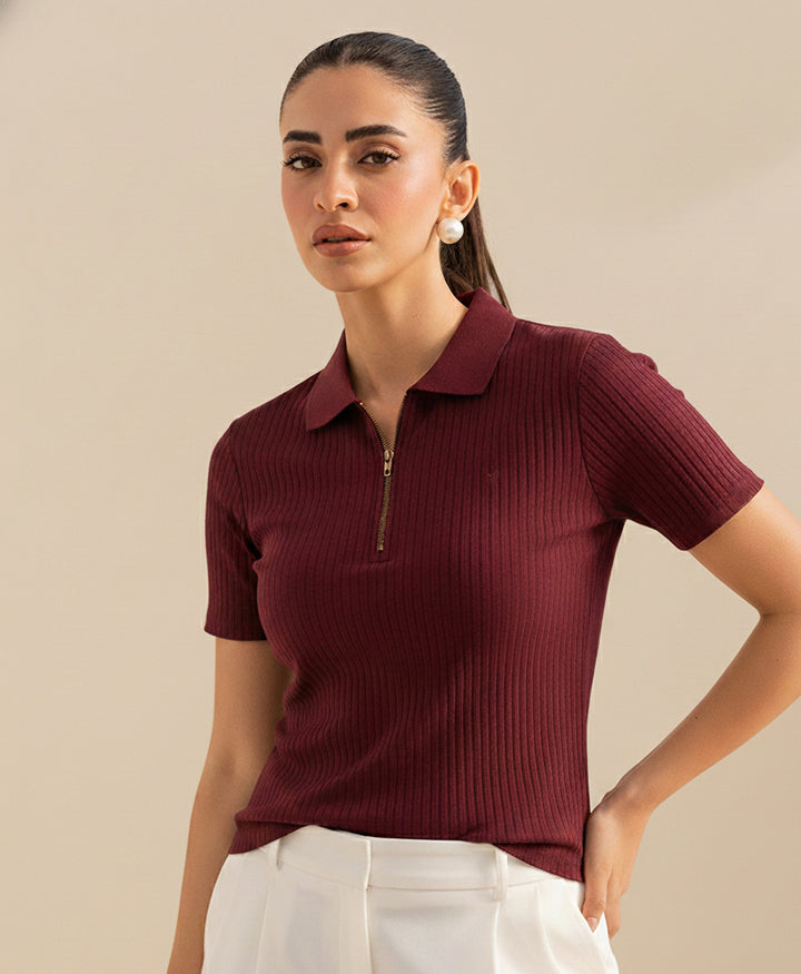 Maroon Fine Drop Needle Zip POLO (Women)
