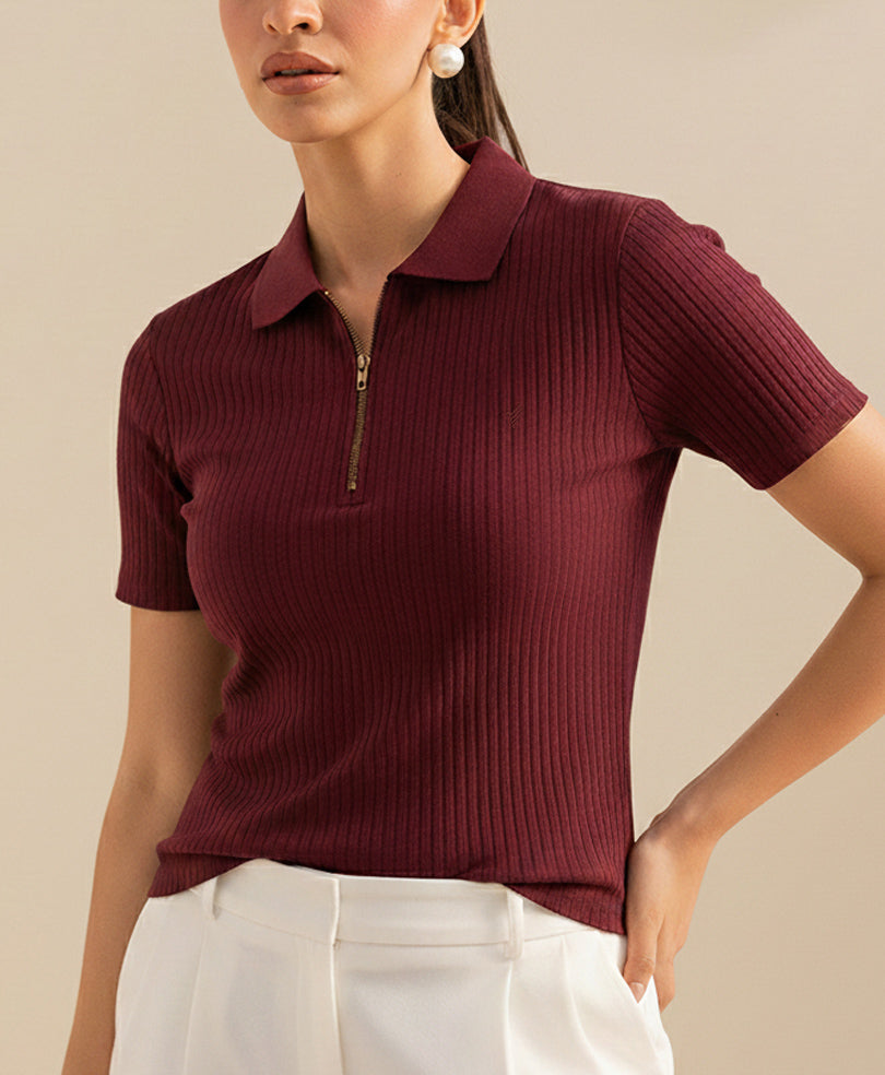 Maroon Fine Drop Needle Zip POLO (Women)