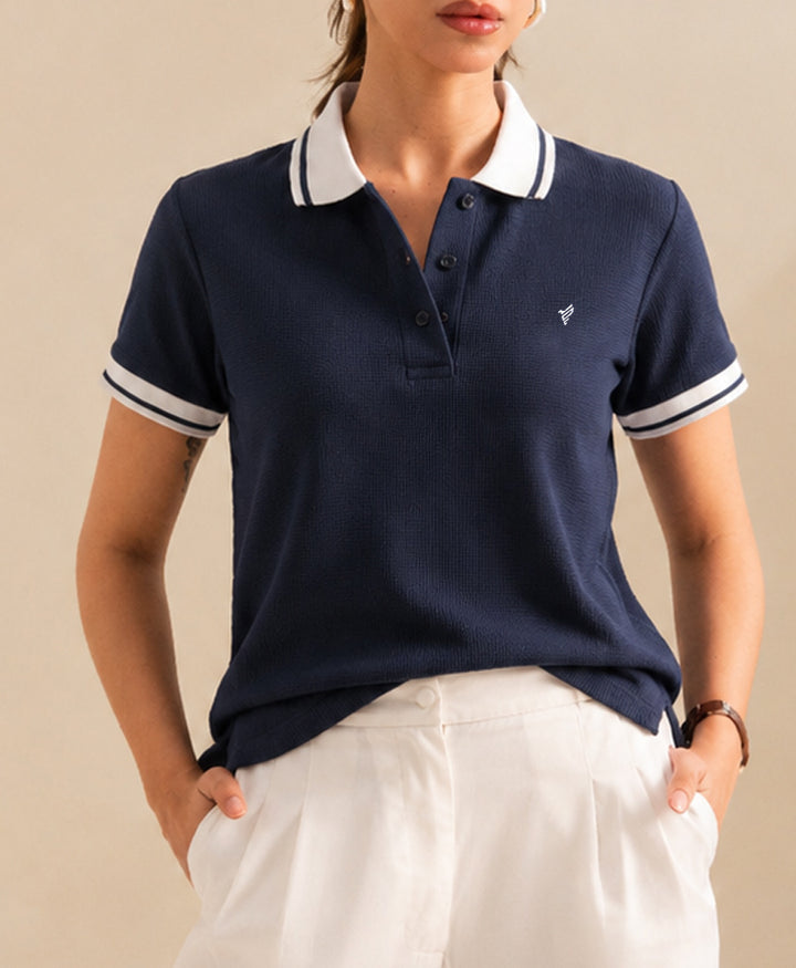 Navy Waffle Contrast POLO (Women)