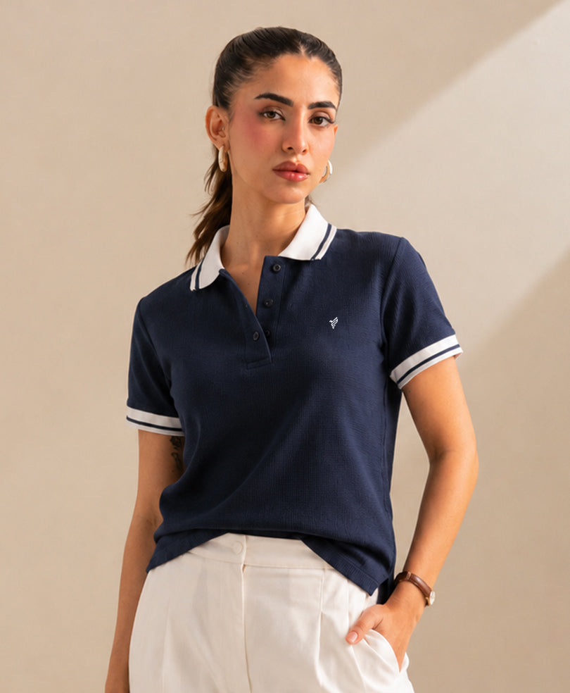 Navy Waffle Contrast POLO (Women)