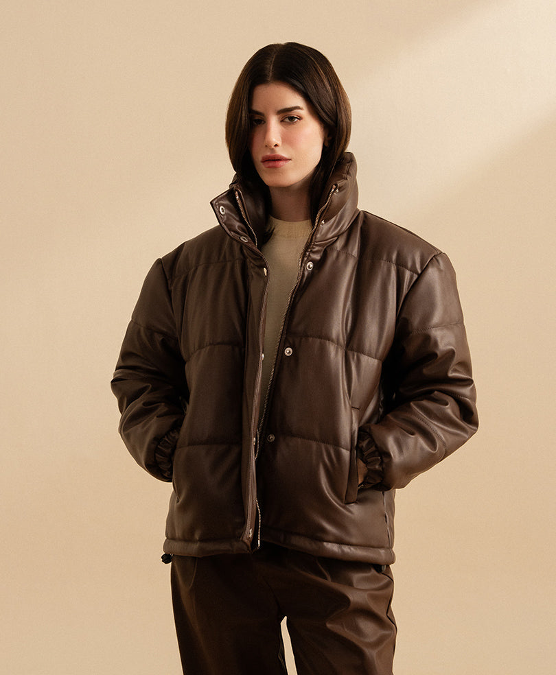 Brown Leather Puffer Jacket (Women)