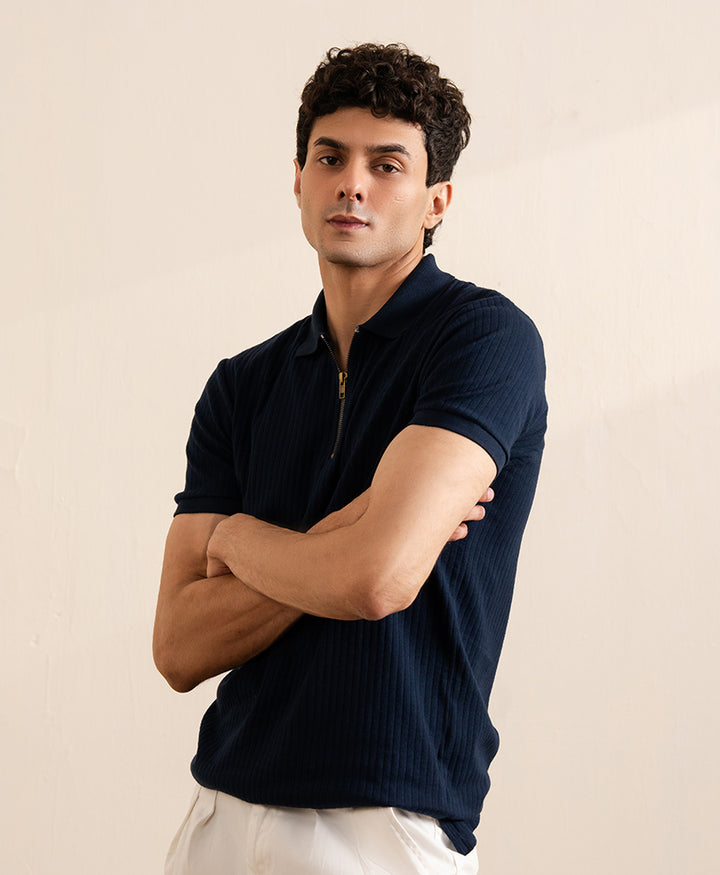Navy Fine Drop Needle Zip POLO