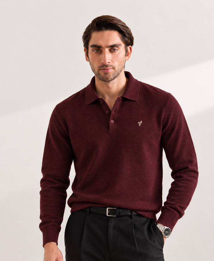 Burgundy Knitted Full Sleeve POLO
