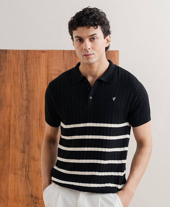 Black Striped Cable Knit POLO
