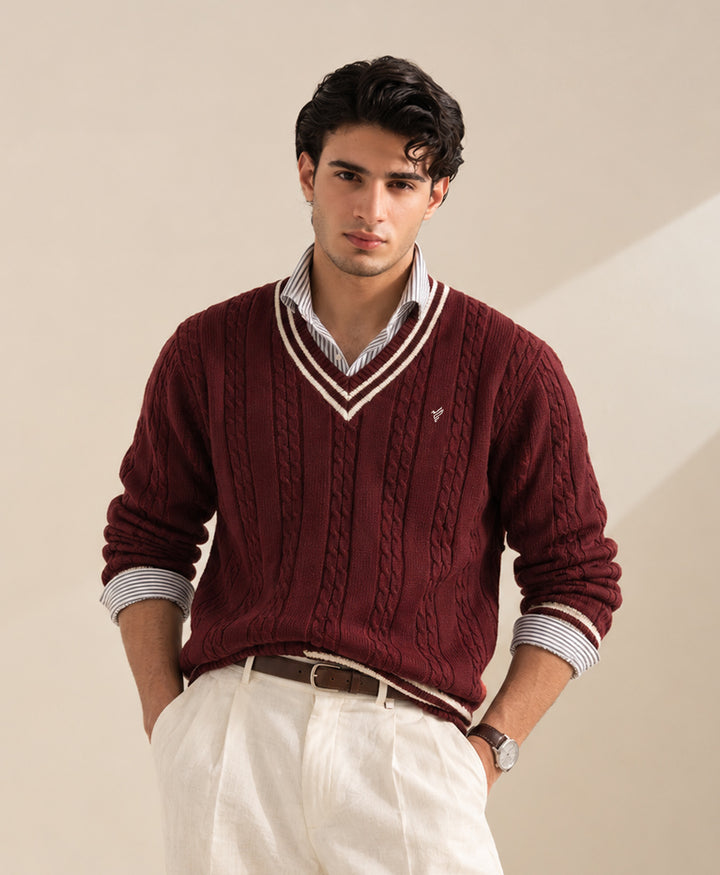 Dk Maroon Crimson Cable Knit Sweater