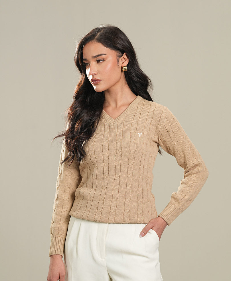 Khaki V-Neck Cable Knit Sweater (Women)