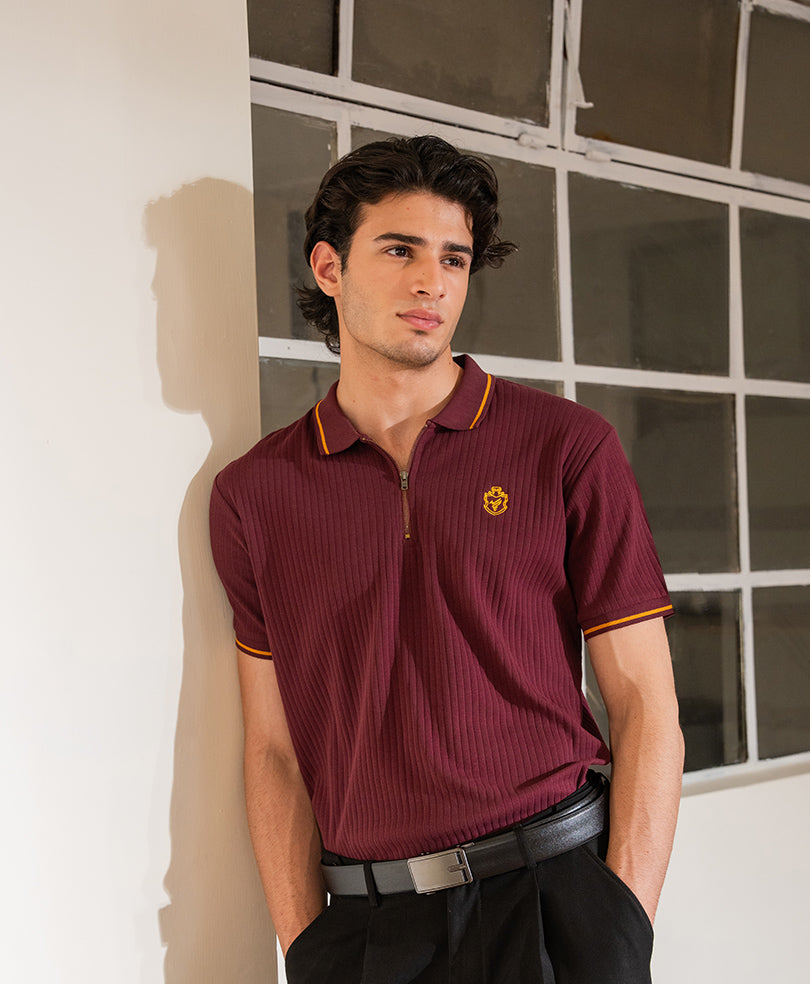 Maroon Crest Fine Drop Needle Zip POLO