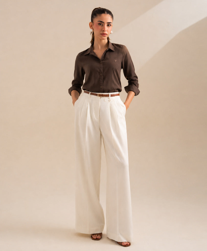 Cream Pleated Coin Pocket Pants (Women)
