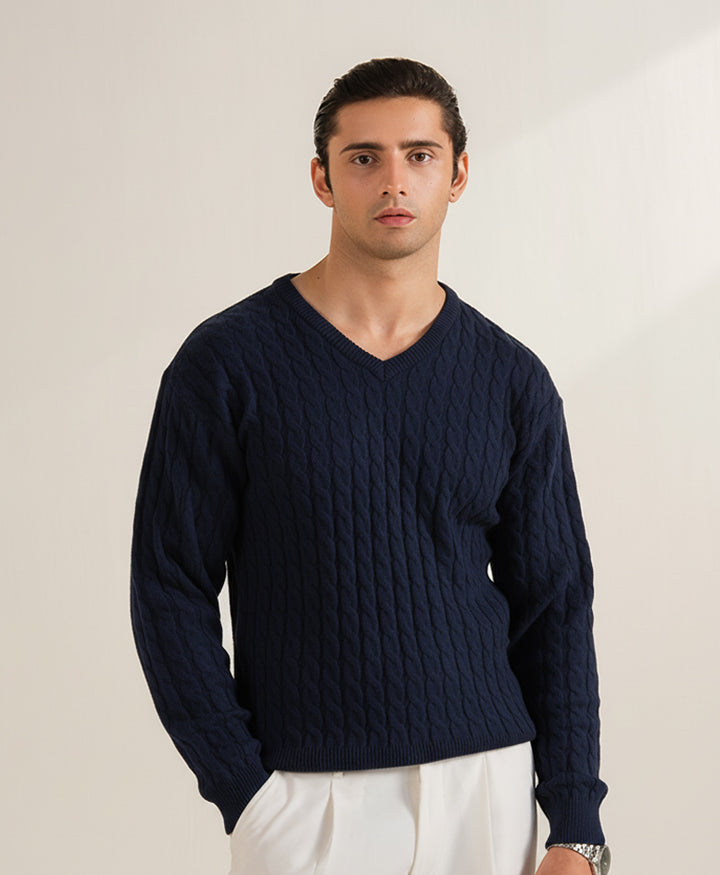DK Navy Cable Knit V-Neck Sweater