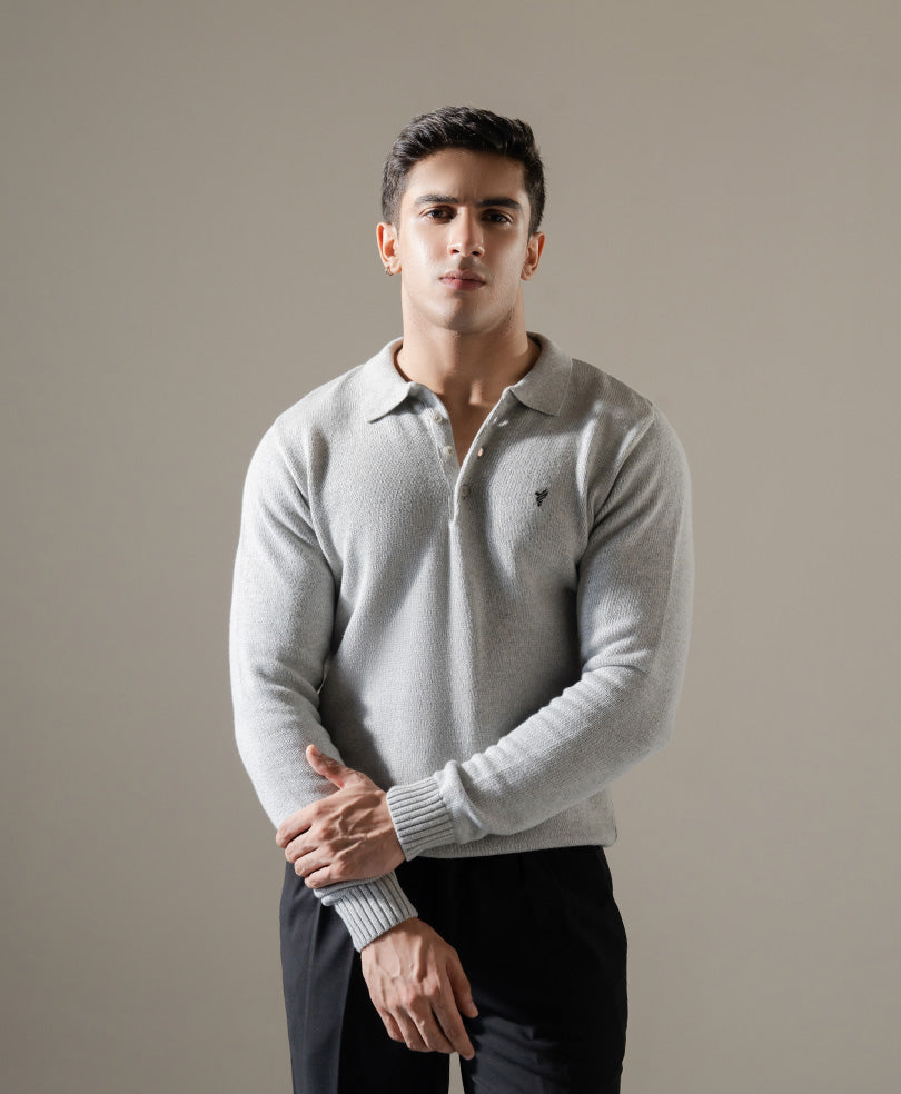 Grey Knitted Full Sleeves POLO