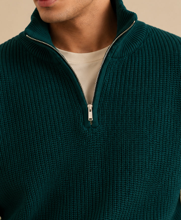 Dk Green Classic Knit Mock Zipper Sweater