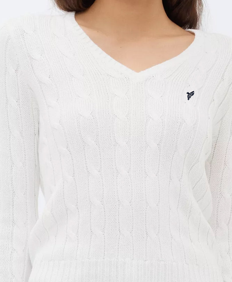 White V-Neck Cable Knit Sweater (Women)