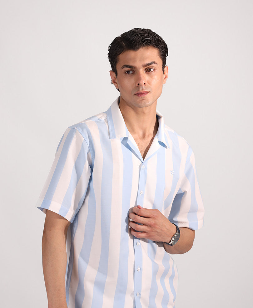 White & Lt Blue Striped Cuban Shirt