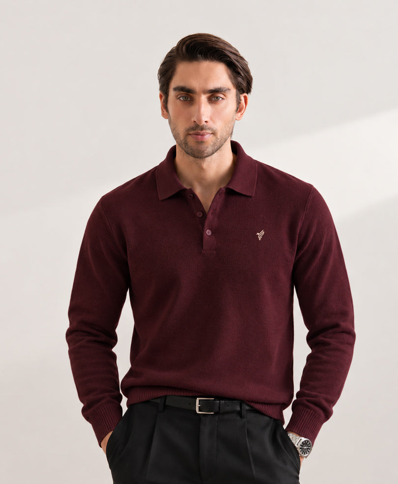 Burgundy Knitted Full Sleeve POLO