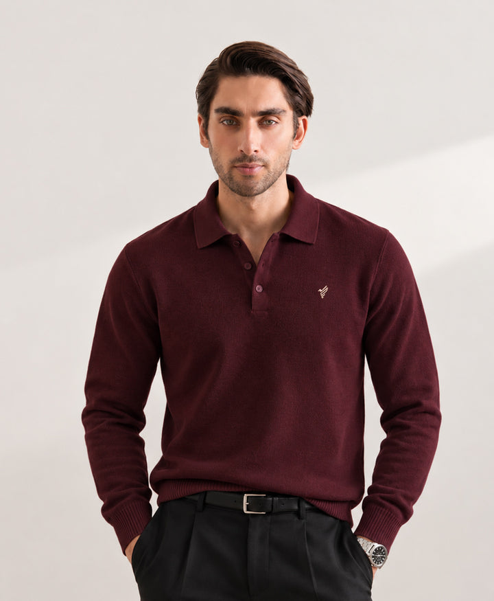 Burgundy Knitted Full Sleeve POLO