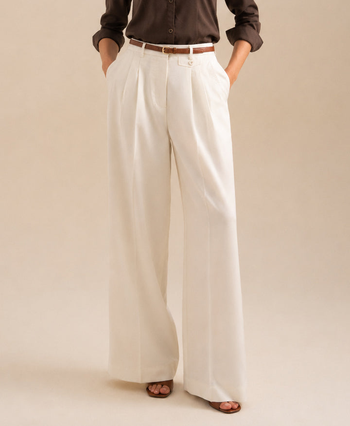 Cream Pleated Coin Pocket Pants (Women)