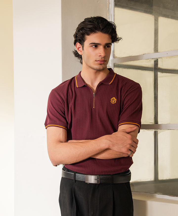 Maroon Crest Fine Drop Needle Zip POLO