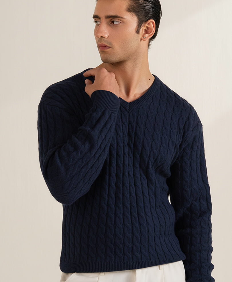 DK Navy Cable Knit V-Neck Sweater