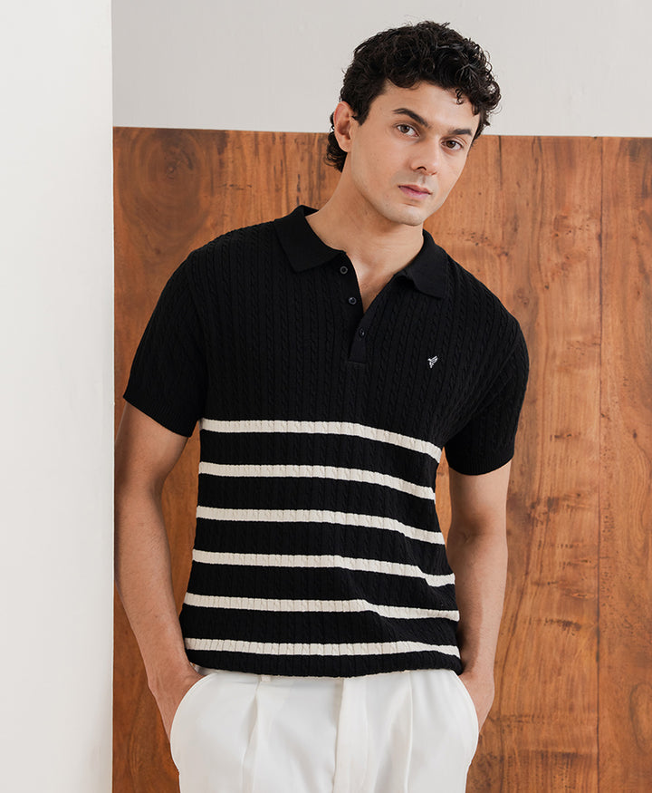 Black Striped Cable Knit POLO
