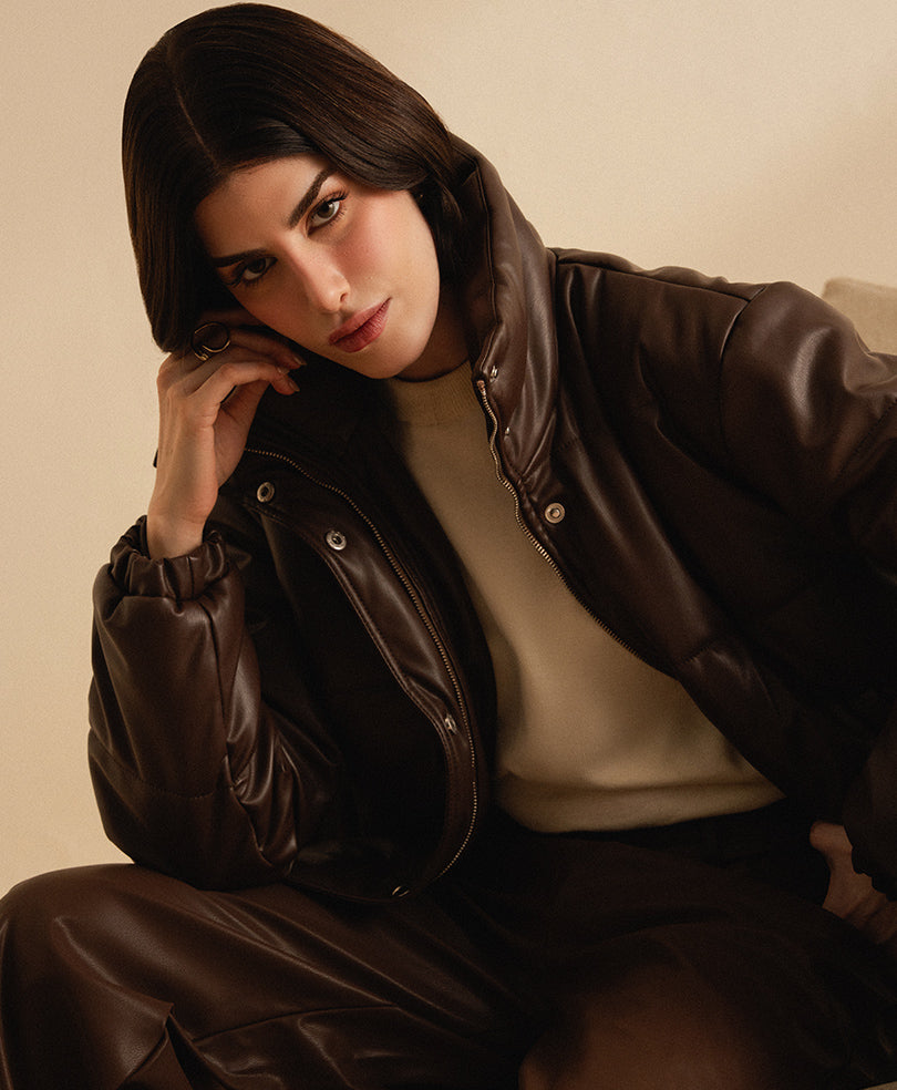 Brown Leather Puffer Jacket (Women)