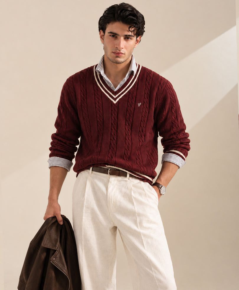Dk Maroon Crimson Cable Knit Sweater