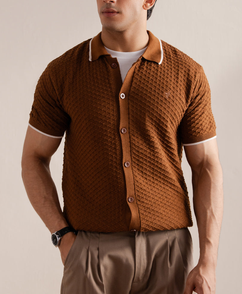 Chain Knit POLO Cardigan Toffee