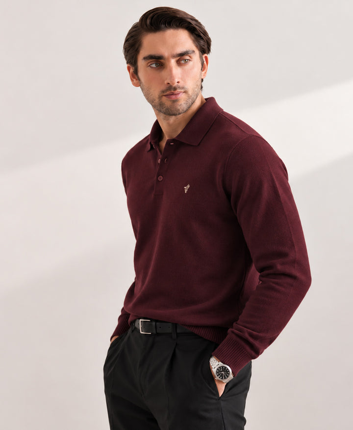 Burgundy Knitted Full Sleeve POLO