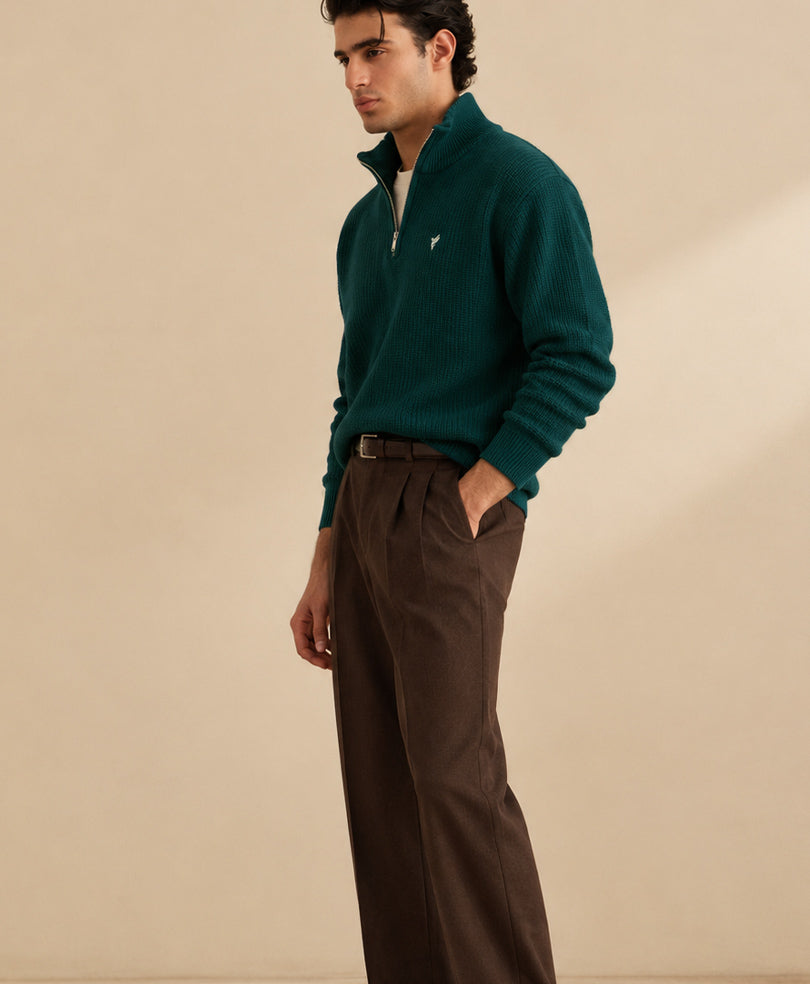 Dk Green Classic Knit Mock Zipper Sweater