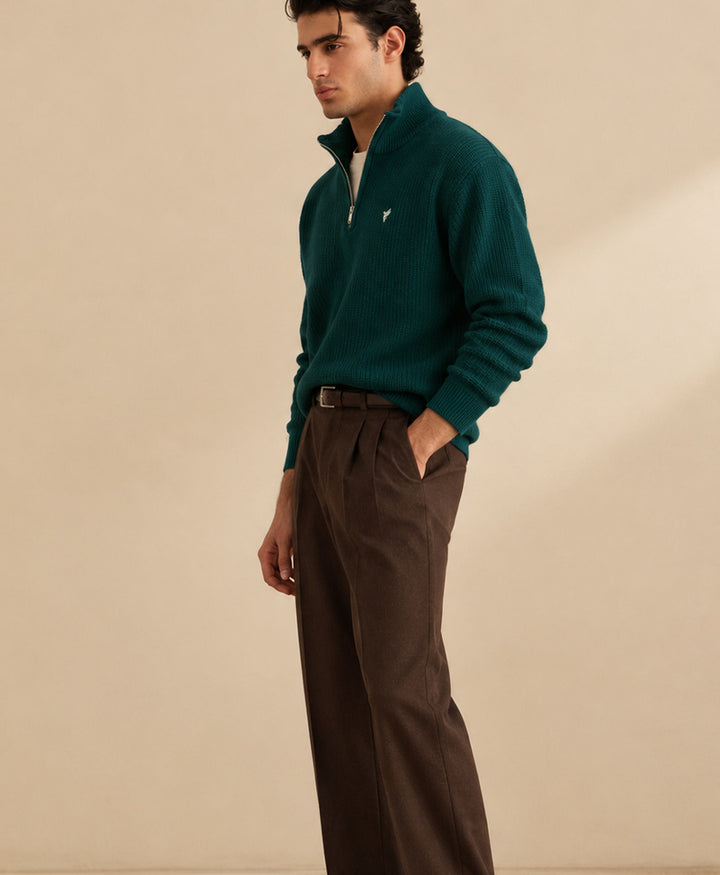 Dk Green Classic Knit Mock Zipper Sweater