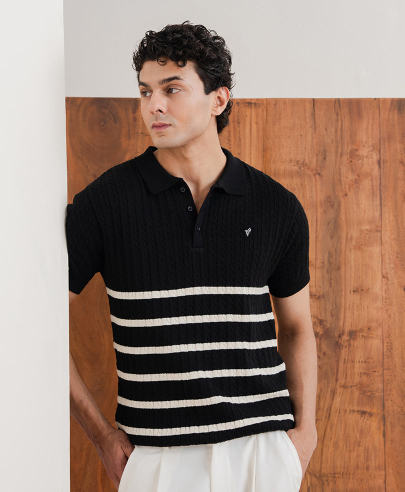 Black Striped Cable Knit POLO