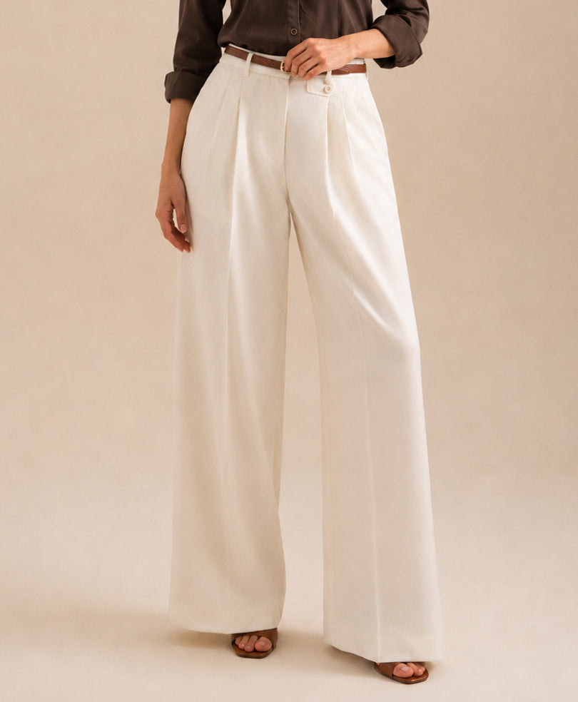 Cream Pleated Coin Pocket Pants (Women)