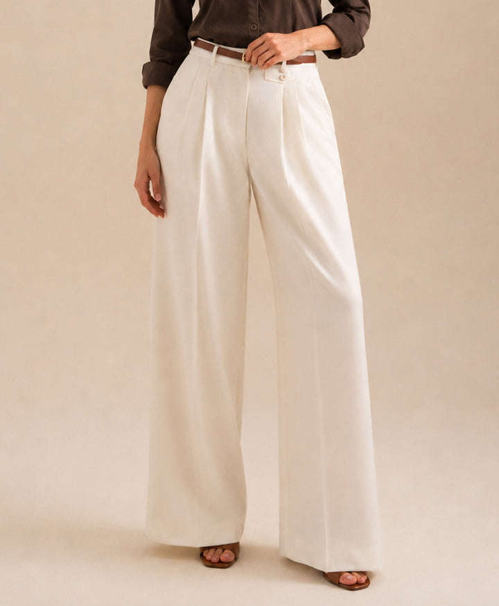 Cream Pleated Coin Pocket Pants (Women)