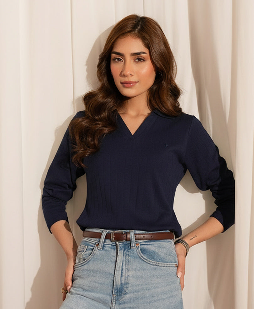 Navy V-Neck Drop Needle POLO (Women)