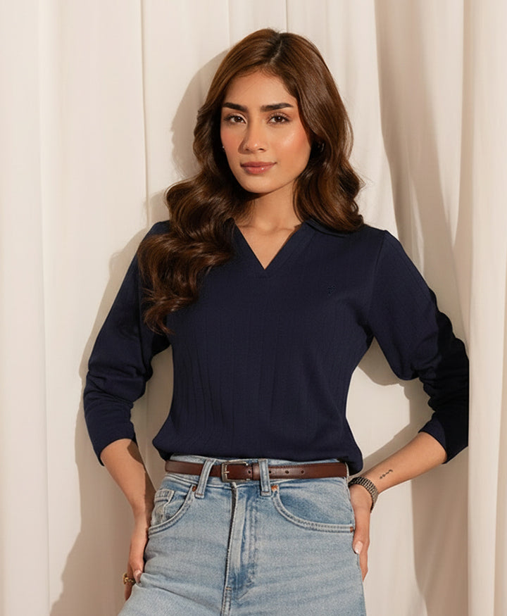 Navy V-Neck Drop Needle POLO (Women)