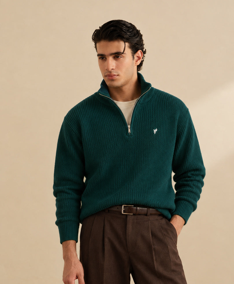 Dk Green Classic Knit Mock Zipper Sweater