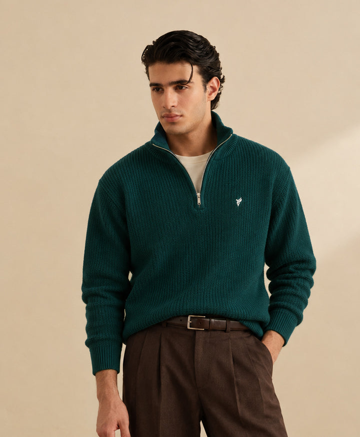 Dk Green Classic Knit Mock Zipper Sweater