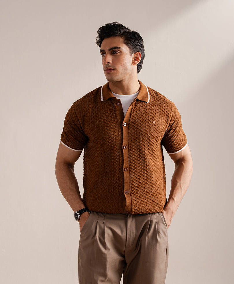 Chain Knit POLO Cardigan Toffee