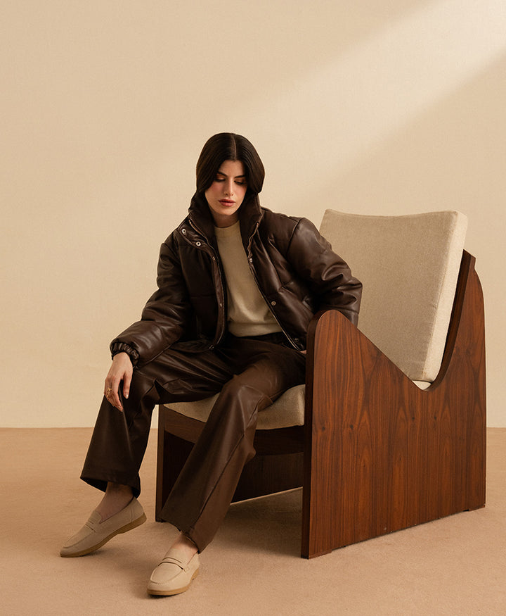 Brown Leather Puffer Jacket (Women)