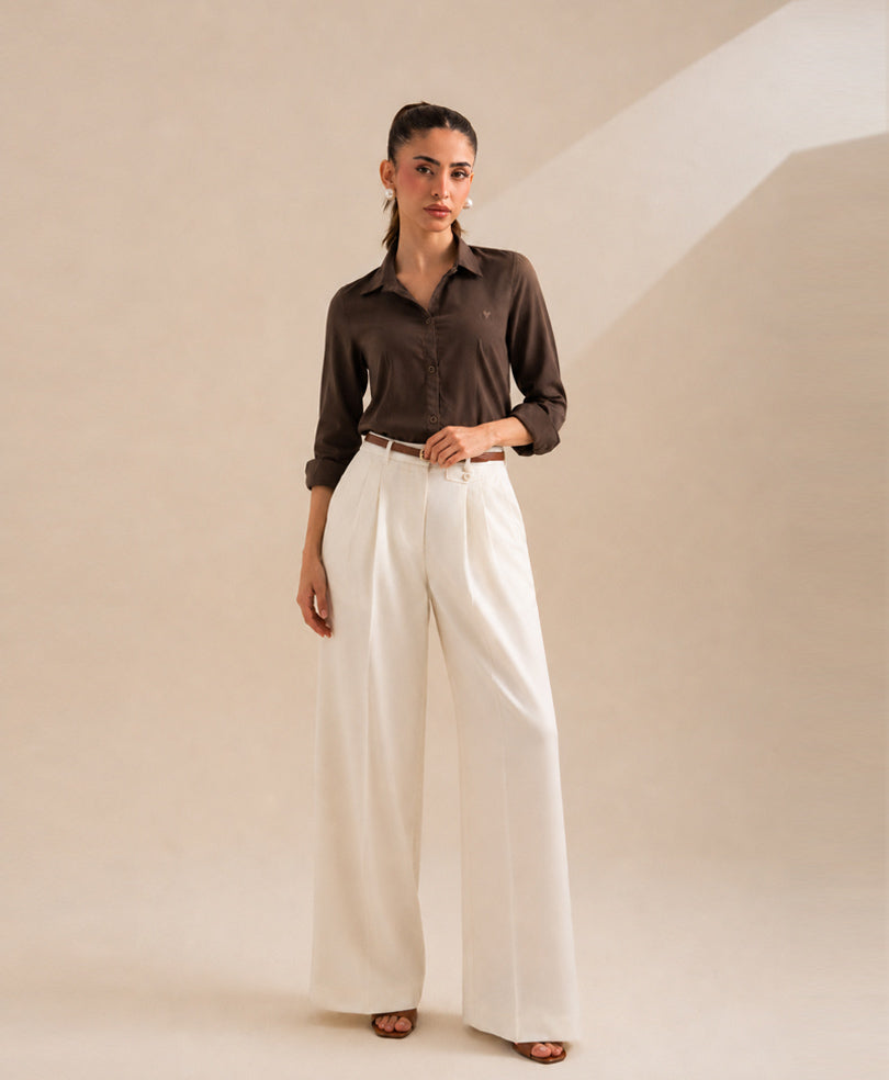 Cream Pleated Coin Pocket Pants (Women)
