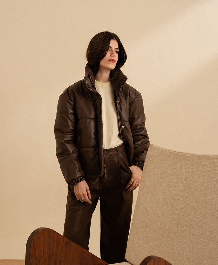 Brown Leather Puffer Jacket (Women)