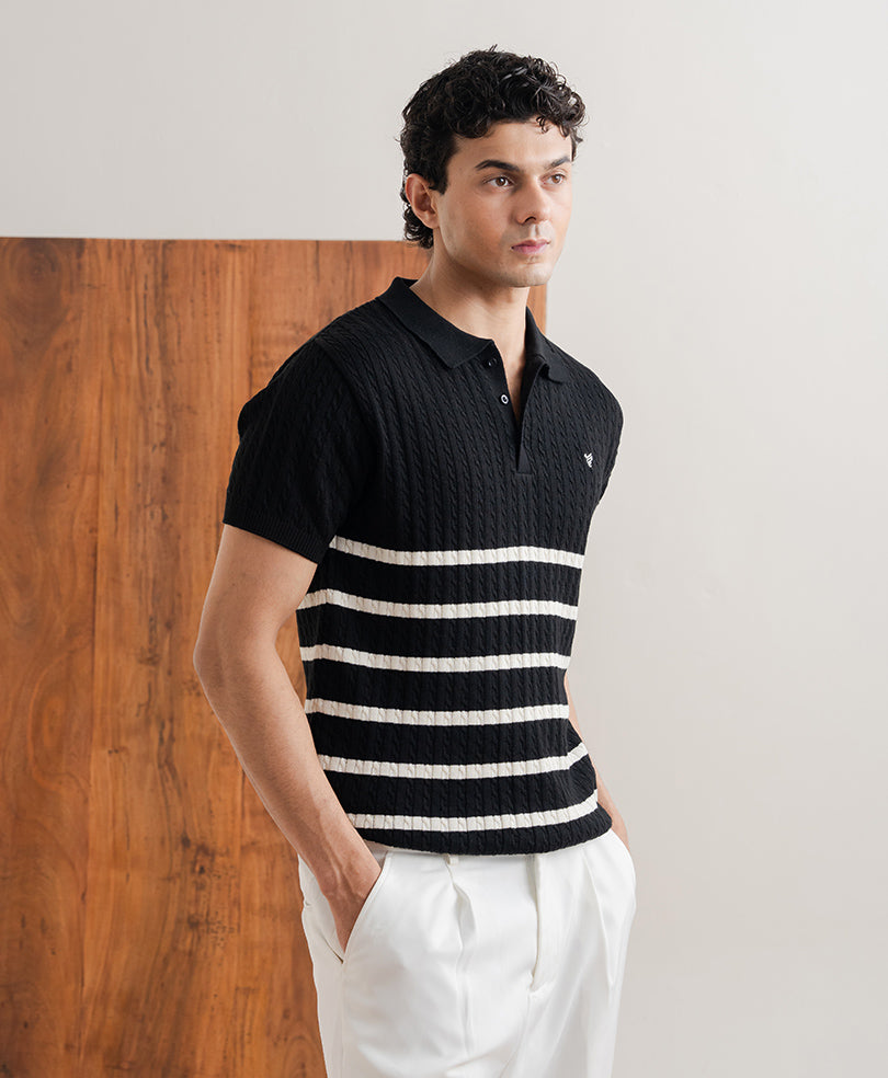 Black Striped Cable Knit POLO