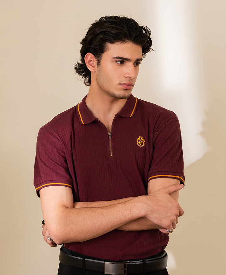 Maroon Crest Fine Drop Needle Zip POLO