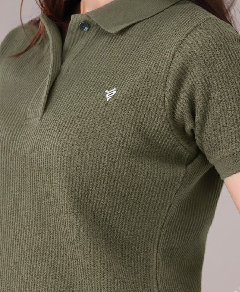 Olive Waffle Knit POLO (Women)