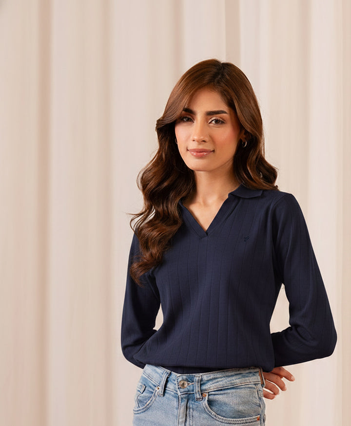 Navy V-Neck Drop Needle POLO (Women)