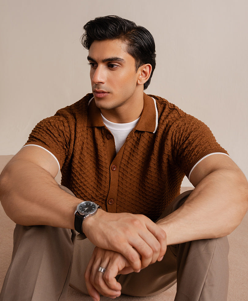 Chain Knit POLO Cardigan Toffee