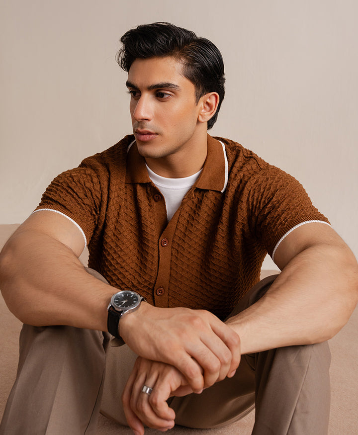 Chain Knit POLO Cardigan Toffee