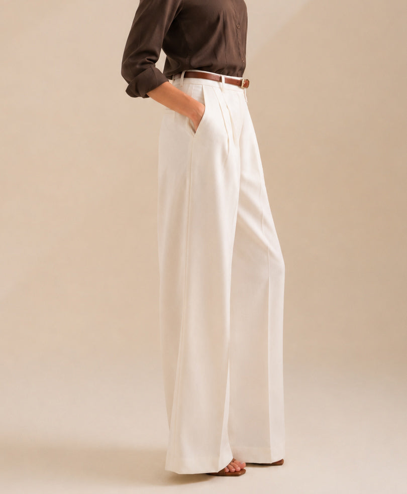 Cream Pleated Coin Pocket Pants (Women)