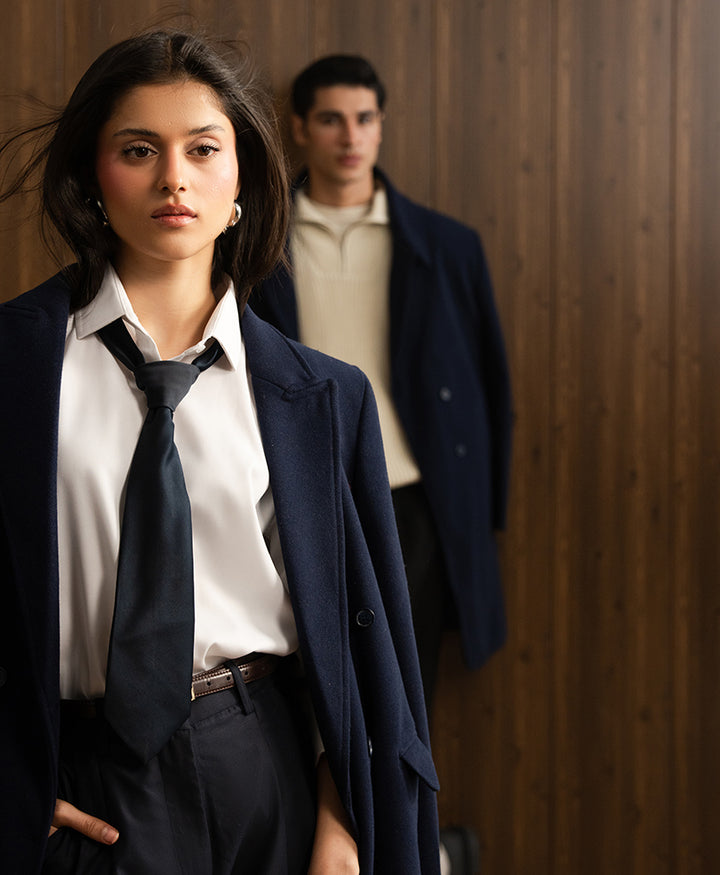 Navy Double Breasted Long Coat (Women)