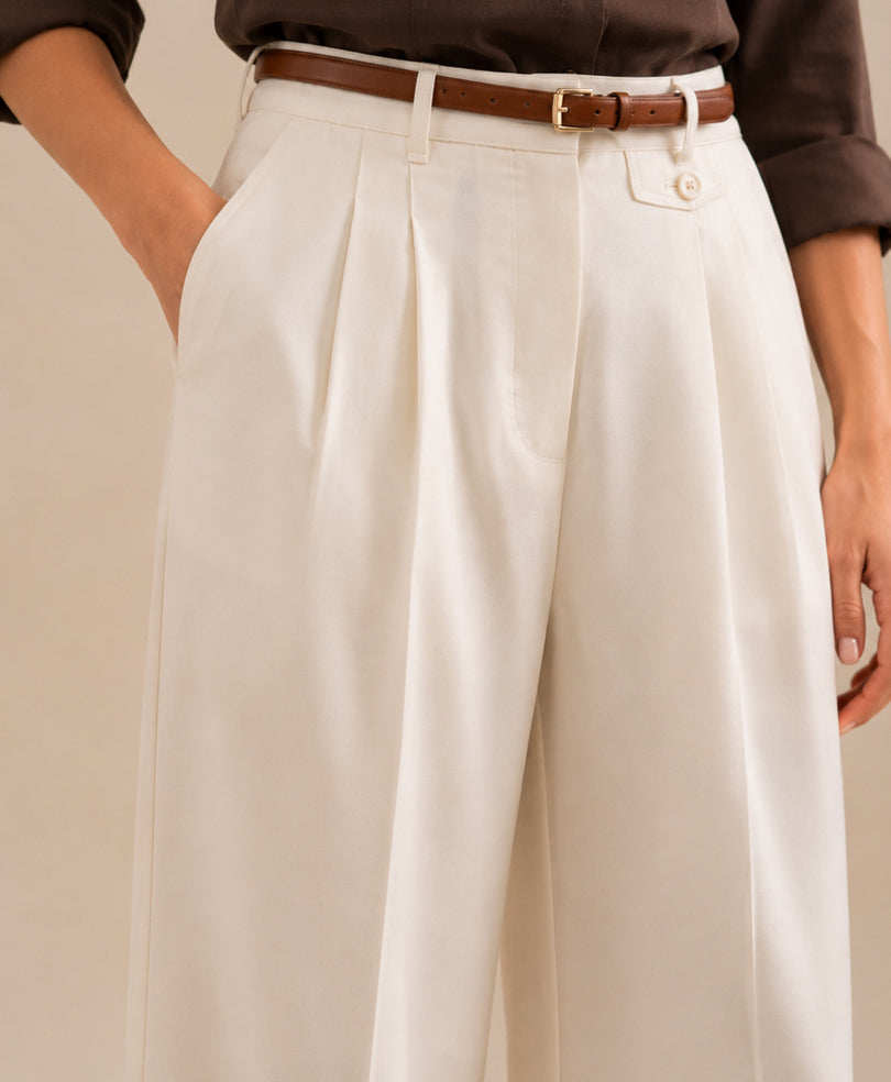 Cream Pleated Coin Pocket Pants (Women)